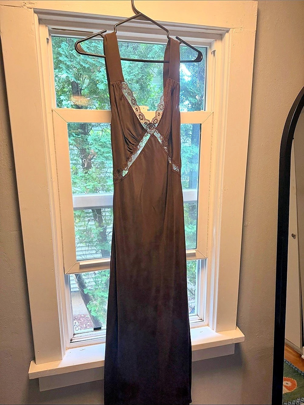 Reformation Aara Silk Dress Brown Lace Trim Maxi Dress Size Small